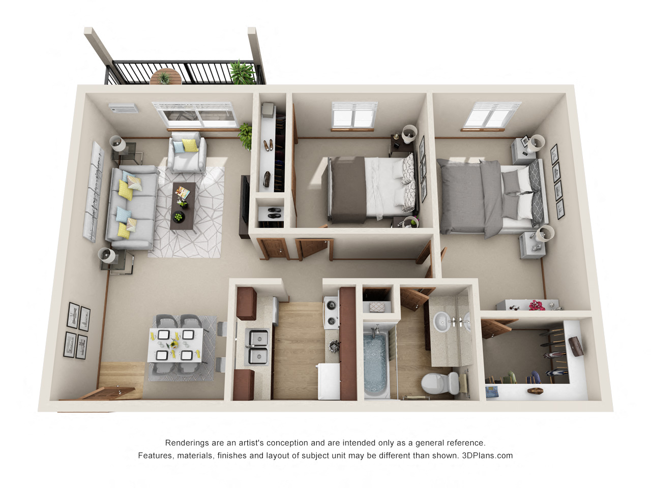 Floor plan for 2 beds, 1 bath, 792 sqft